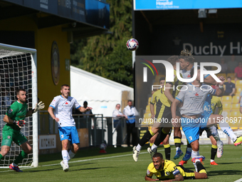 Niall Canavan of Barrow scores, but it is disallowed during the Sky Bet Championship match between  Harrogate and Barrow, in Harrogate, Unit...