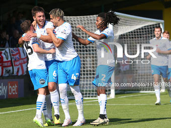 Barrow players celebrate Niall Canavan's disallowed goal during the Sky Bet Championship match between Sunderland and Burnley at the Stadium...