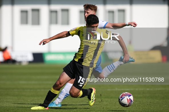 Harrogate Town's Anthony O'Connor turns against Barrow's Ged Garner during the Sky Bet Championship match between  Harrogate and Barrow, in...