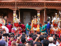 Nepali devotees carry the statues of Dipankar Buddha through the ancient city of Bhaktapur in Bhaktapur, Nepal, on August 31, 2024, during t...