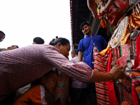 A Nepali devotee worships the statues of Dipankar Buddha during the Panchadan festival in Bhaktapur, Nepal, on August 31, 2024. On this day,...