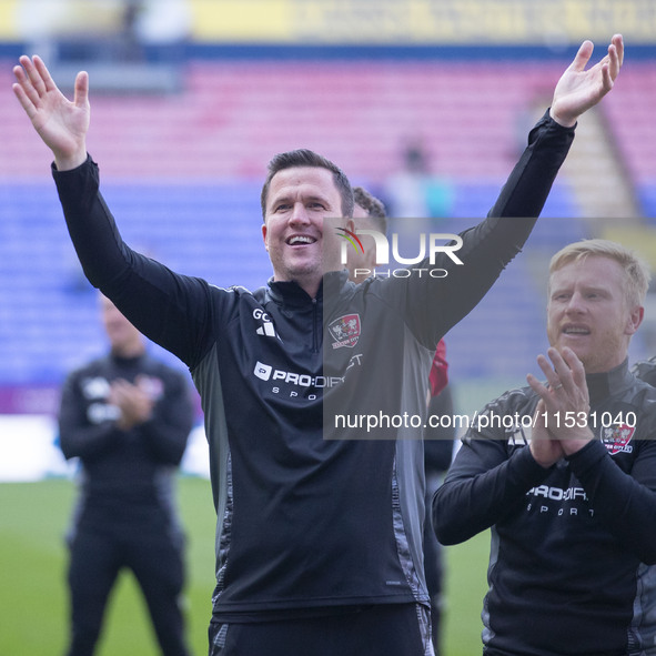 Exeter City F.C. manager Gary Caldwell celebrates at full time during the Sky Bet League 1 match between Bolton Wanderers and Exeter City at...