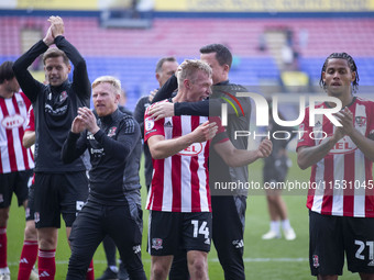 Exeter City F.C. manager Gary Caldwell celebrates at full time during the Sky Bet League 1 match between Bolton Wanderers and Exeter City at...