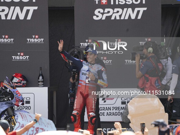 Podium winner of the Sprint Race, Marc Marquez (Spa-Gresini Racing Ducati), during the Moto Grand Prix GoPro of Aragon Sprint Race MotoGP on...