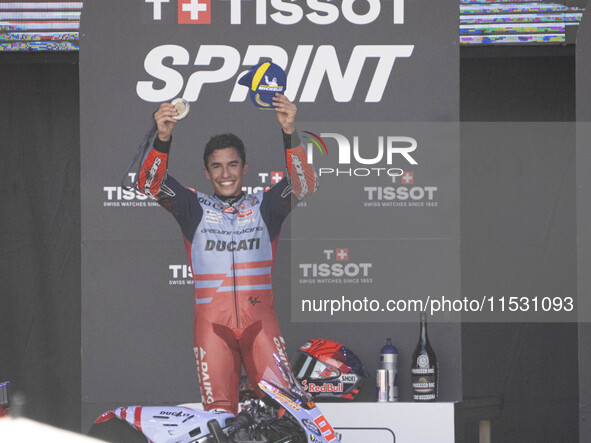 Podium winner of the Sprint Race, Marc Marquez (Spa-Gresini Racing Ducati), during the Moto Grand Prix GoPro of Aragon Sprint Race MotoGP on...