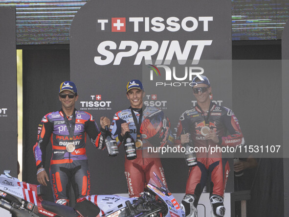 Podium winners of the Sprint Race, 93 Marc Marquez (Spa-Gresini Racing Ducati), 89 Jorge Martin (Spa-Pramac Racing Ducati), and 31 Pedro Aco...