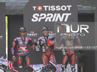 Podium winners of the Sprint Race, 93 Marc Marquez (Spa-Gresini Racing Ducati), 89 Jorge Martin (Spa-Pramac Racing Ducati), and 31 Pedro Aco...