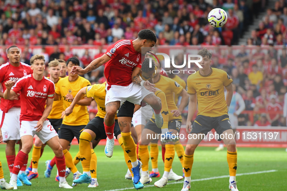 Morgan Gibbs-White of Nottingham Forest heads the ball at the goal during the Premier League match between Nottingham Forest and Wolverhampt...