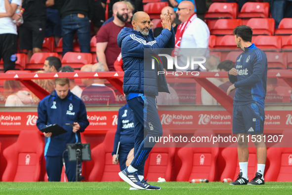 Nuno Espirito Santo, Nottingham Forest head coach, looks frustrated and applauds the Forest supporters during the Premier League match betwe...