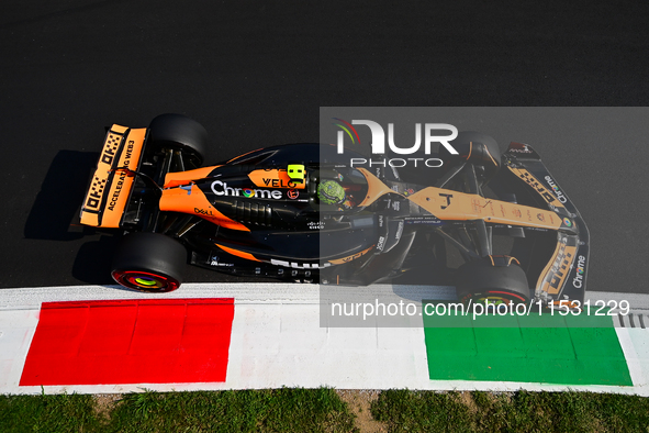 Lando Norris of the McLaren F1 Team drives his single-seater during qualifying for the Italian GP, the 16th round of the Formula 1 World Cha...