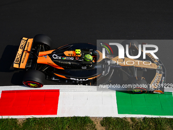 Lando Norris of the McLaren F1 Team drives his single-seater during qualifying for the Italian GP, the 16th round of the Formula 1 World Cha...