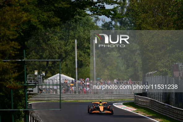 Lando Norris of the McLaren F1 Team drives his single-seater during qualifying for the Italian GP, the 16th round of the Formula 1 World Cha...