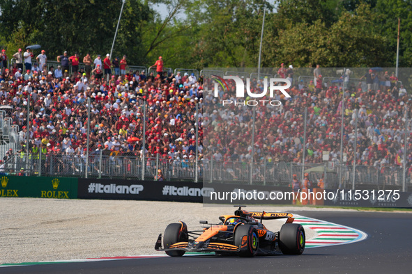 Oscar Piastri of Australia drives the (81) McLaren F1 Team MCL38 Mercedes during the Formula 1 Pirelli Gran Premio d'Italia 2024 in Monza, I...