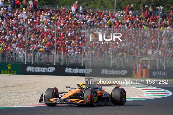 Oscar Piastri of Australia drives the (81) McLaren F1 Team MCL38 Mercedes during the Formula 1 Pirelli Gran Premio d'Italia 2024 in Monza, I...