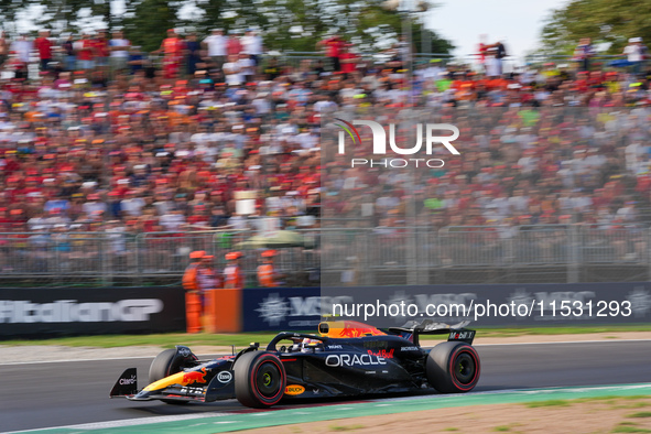 Carlos Sainz Jr. of Spain drives the (55) Scuderia Ferrari SF-24 Ferrari during the Formula 1 Pirelli Gran Premio d'Italia 2024 in Monza, It...