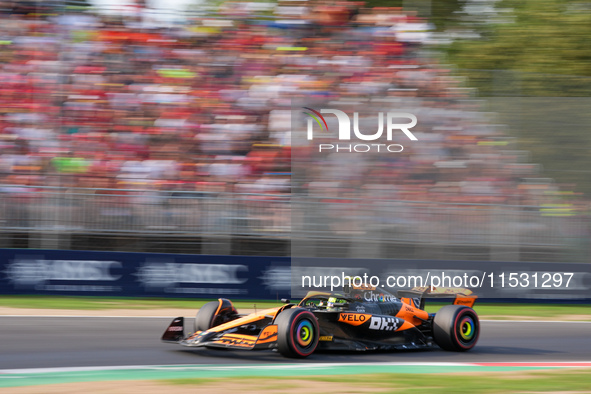 Lando Norris of the UK drives the (4) McLaren F1 Team MCL38 Mercedes during the Formula 1 Pirelli Gran Premio d'Italia 2024 in Monza, Italy,...