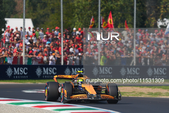 Lando Norris of the UK drives the (4) McLaren F1 Team MCL38 Mercedes during the Formula 1 Pirelli Gran Premio d'Italia 2024 in Monza, Italy,...