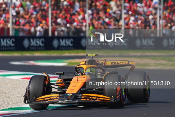 Lando Norris of the UK drives the (4) McLaren F1 Team MCL38 Mercedes during the Formula 1 Pirelli Gran Premio d'Italia 2024 in Monza, Italy,...