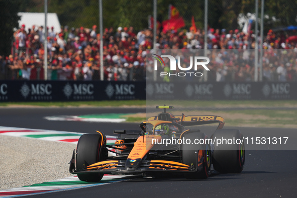 Lando Norris of the UK drives the (4) McLaren F1 Team MCL38 Mercedes during the Formula 1 Pirelli Gran Premio d'Italia 2024 in Monza, Italy,...