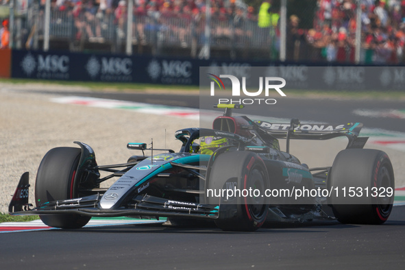 Lewis Hamilton of the UK drives the (44) Mercedes-AMG Petronas F1 Team F1 W15 E Performance Mercedes during the Formula 1 Pirelli Gran Premi...