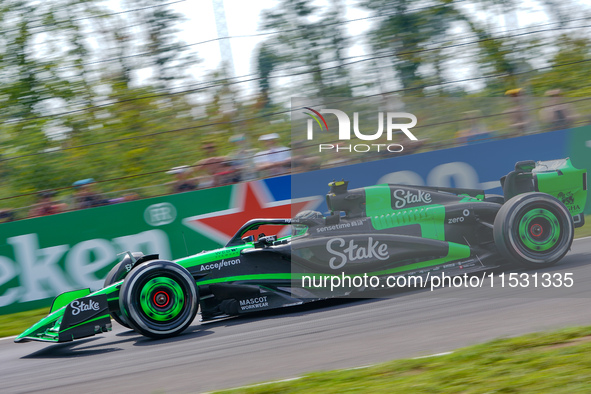 Zhou Guanyu of China drives the (24) Stake F1 Team Kick Sauber C44 during the FP3 of the Formula 1 Pirelli Gran Premio d'Italia 2024 in Monz...