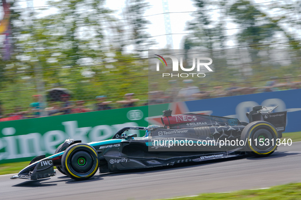 George Russell of the United Kingdom drives the (63) Mercedes-AMG PETRONAS F1 Team W15 during the FP3 of the Formula 1 Pirelli Gran Premio d...