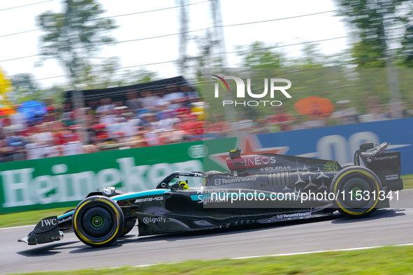 Lewis Hamilton of the United Kingdom drives the (44) Mercedes-AMG PETRONAS F1 Team W15 during FP3 of the Formula 1 Pirelli Gran Premio d'Ita...