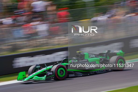 Zhou Guanyu of China drives the (24) Stake F1 Team Kick Sauber C44 during the FP3 of the Formula 1 Pirelli Gran Premio d'Italia 2024 in Monz...