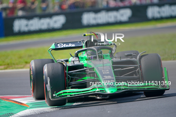 Zhou Guanyu of China drives the (24) Stake F1 Team Kick Sauber C44 during the FP3 of the Formula 1 Pirelli Gran Premio d'Italia 2024 in Monz...