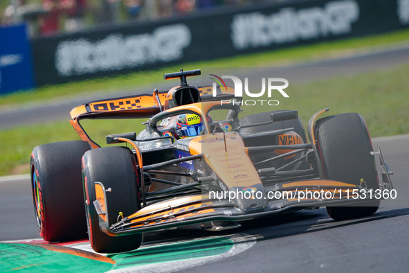 Oscar Piastri of Australia drives the (81) McLaren F1 Team MCL38 during FP3 of the Formula 1 Pirelli Gran Premio d'Italia 2024 in Monza, Ita...