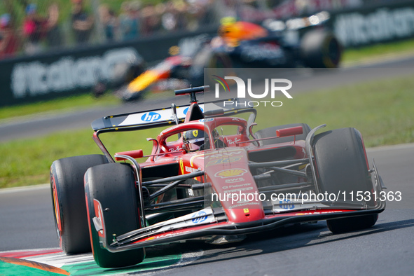 Charles Leclerc of Monaco drives the (16) Scuderia Ferrari SF-24 during the FP3 of the Formula 1 Pirelli Gran Premio d'Italia 2024 in Monza,...