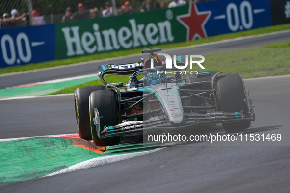 George Russell of the UK drives the (63) Mercedes-AMG Petronas F1 Team F1 W15 E Performance Mercedes during the Formula 1 Pirelli Gran Premi...