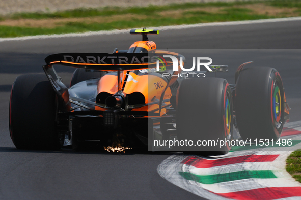 Lando Norris of the UK drives the (4) McLaren F1 Team MCL38 Mercedes during the Formula 1 Pirelli Gran Premio d'Italia 2024 in Monza, Italy,...