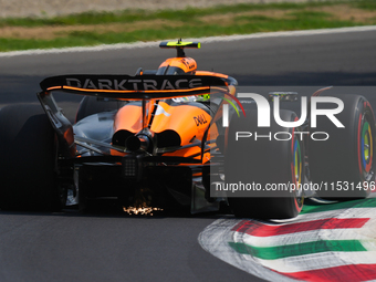 Lando Norris of the UK drives the (4) McLaren F1 Team MCL38 Mercedes during the Formula 1 Pirelli Gran Premio d'Italia 2024 in Monza, Italy,...