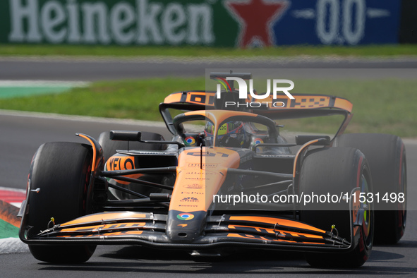 Oscar Piastri of Australia drives the (81) McLaren F1 Team MCL38 Mercedes during the Formula 1 Pirelli Gran Premio d'Italia 2024 in Monza, I...