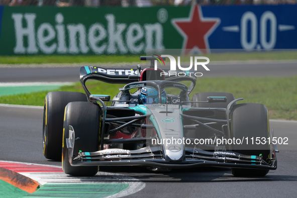 George Russell of the UK drives the (63) Mercedes-AMG Petronas F1 Team F1 W15 E Performance Mercedes during the Formula 1 Pirelli Gran Premi...