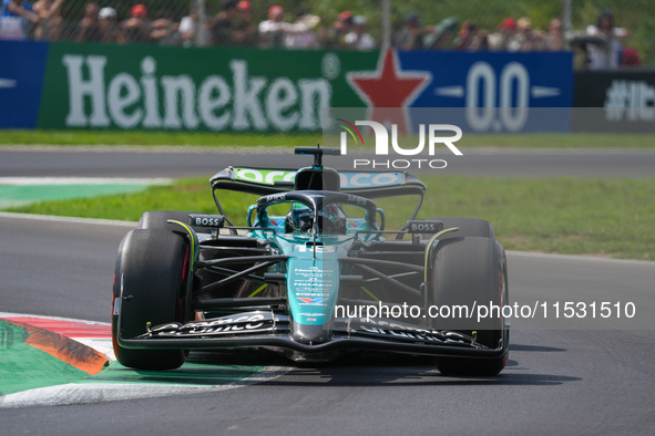 Lance Stroll of Canada drives the (18) Aston Martin Aramco Cognizant F1 Team AMR24 Mercedes during the Formula 1 Pirelli Gran Premio d'Itali...