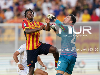 Patrick Dorgu of US Lecce is in action during the Serie A match between Lecce and Cagliari in Lecce, Italy, on August 31, 2024. (