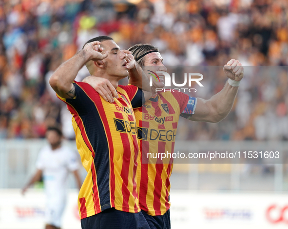 Nikola Krstovic of US Lecce celebrates a goal during the Serie A match between Lecce and Cagliari in Lecce, Italy, on August 31, 2024. 