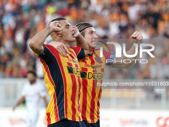 Nikola Krstovic of US Lecce celebrates a goal during the Serie A match between Lecce and Cagliari in Lecce, Italy, on August 31, 2024. (