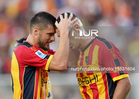 Nikola Krstovic of US Lecce celebrates a goal during the Serie A match between Lecce and Cagliari in Lecce, Italy, on August 31, 2024. 