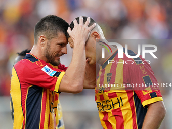 Nikola Krstovic of US Lecce celebrates a goal during the Serie A match between Lecce and Cagliari in Lecce, Italy, on August 31, 2024. (