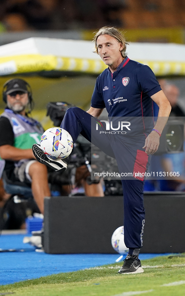 Davide Nicola, head coach of Cagliari Calcio, watches the Serie A match between Lecce and Cagliari in Lecce, Italy, on August 31, 2024. 