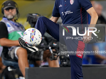 Davide Nicola, head coach of Cagliari Calcio, watches the Serie A match between Lecce and Cagliari in Lecce, Italy, on August 31, 2024. (