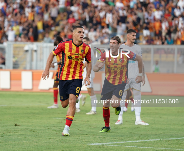 Nikola Krstovic of US Lecce celebrates a goal during the Serie A match between Lecce and Cagliari in Lecce, Italy, on August 31, 2024. 