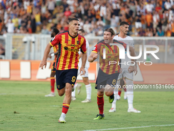 Nikola Krstovic of US Lecce celebrates a goal during the Serie A match between Lecce and Cagliari in Lecce, Italy, on August 31, 2024. (