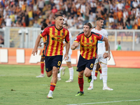 Nikola Krstovic of US Lecce celebrates a goal during the Serie A match between Lecce and Cagliari in Lecce, Italy, on August 31, 2024. (