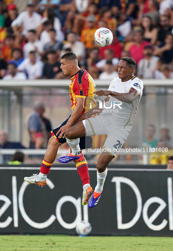 Nikola Krstovic of US Lecce is in action during the Serie A match between Lecce and Cagliari in Lecce, Italy, on August 31, 2024. 