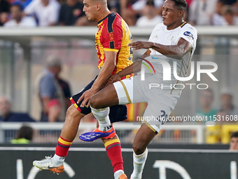 Nikola Krstovic of US Lecce is in action during the Serie A match between Lecce and Cagliari in Lecce, Italy, on August 31, 2024. (