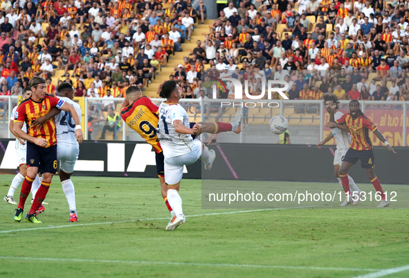 Nikola Krstovic of US Lecce scores a goal during the Serie A match between Lecce and Cagliari in Lecce, Italy, on August 31, 2024. 